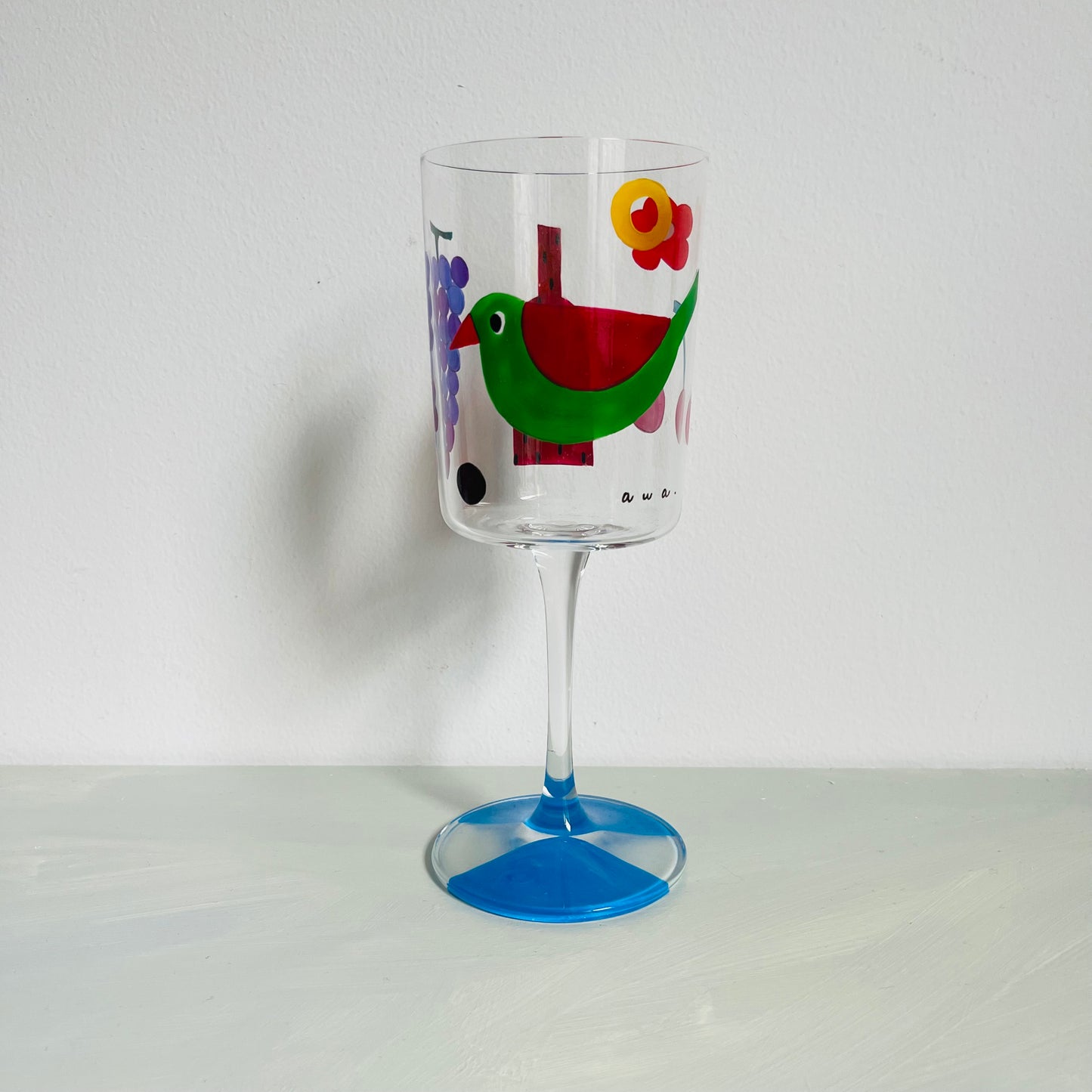 1 /  Delicate Wine Glass /  Green Bird with Vase A
