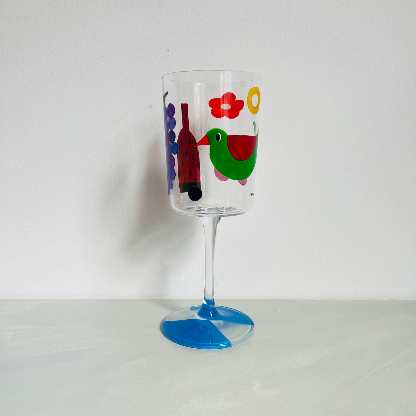 1 /  Delicate Wine Glass /  Green Bird with Vase B