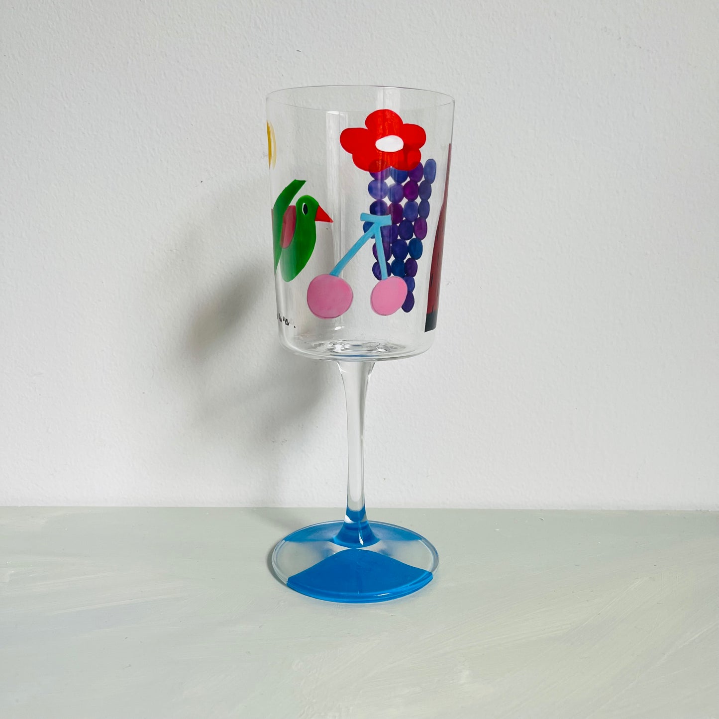 1 /  Delicate Wine Glass /  Green Bird with Vase B
